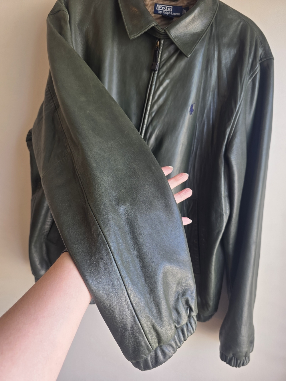 VTG Polo Ralph Lauren Olive Leather Bomber Jacket - Premium Leather - Picture 8 of 17